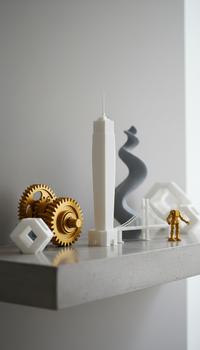 A collection of professionally finished 3D printed prototypes arranged neatly on a smooth concrete display shelf, featuring diverse materials: glossy white plastic, metallic gold filament, and matte gray resin. Each object is meticulously detailed—ranging from mechanical gears and architectural miniatures to abstract sculptural forms. The display is set against a soft, neutral gray backdrop lit by diffused daylight from an unseen side window, accentuating textures and highlighting precision. The composition uses the rule of thirds for visual balance, and a shallow depth of field subtly isolates the prototypes. The mood is sleek, confident, and aspirational, with photographic realism and a strict corporate aesthetic.
